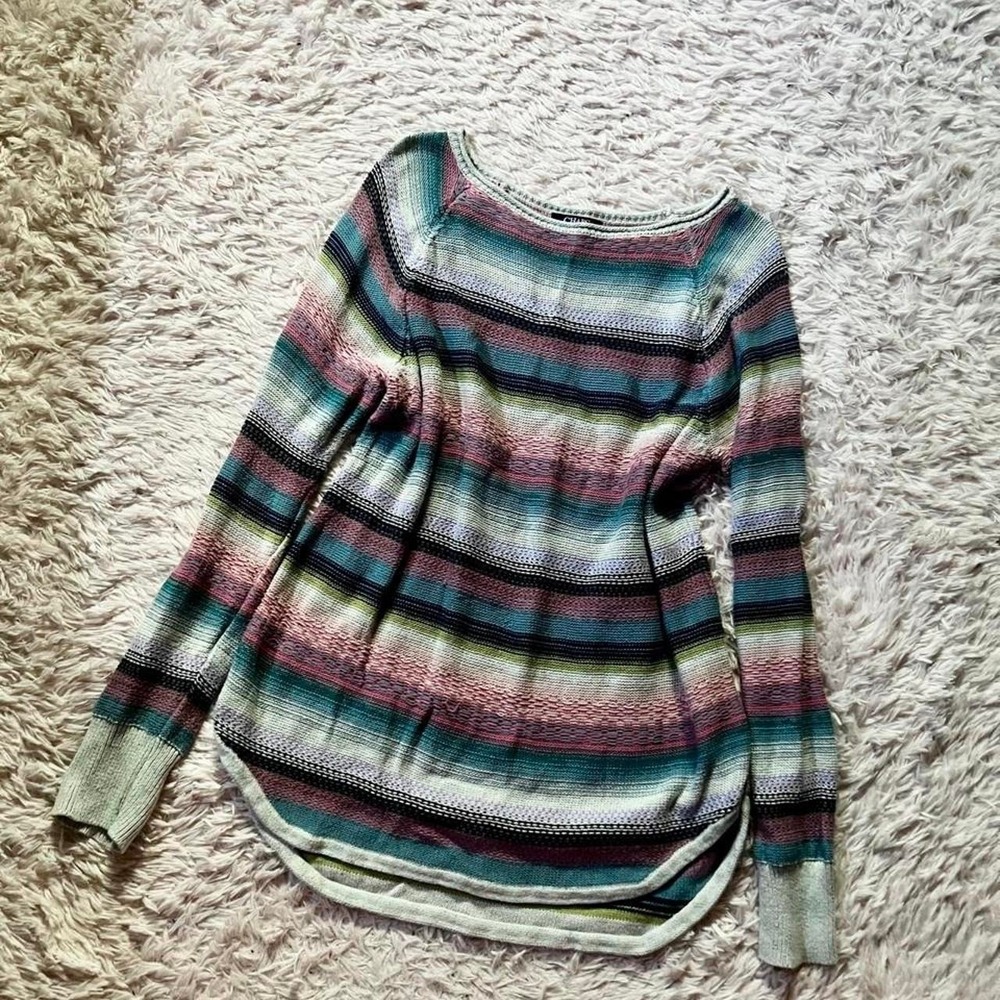 Vintage Y2K Colorful Striped Hipster Boho Curved Hem Sweater Womens XL Kidcore